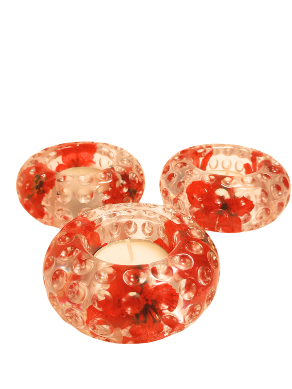 set of three red flower tea light candle holders